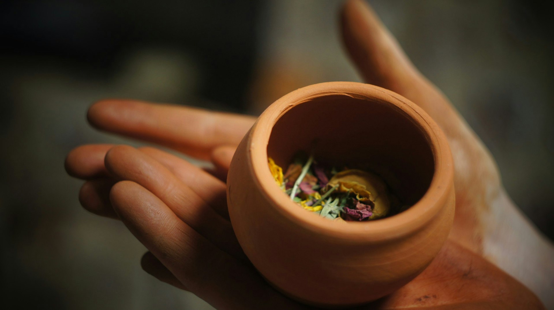 round brown clay pot on person's plams
